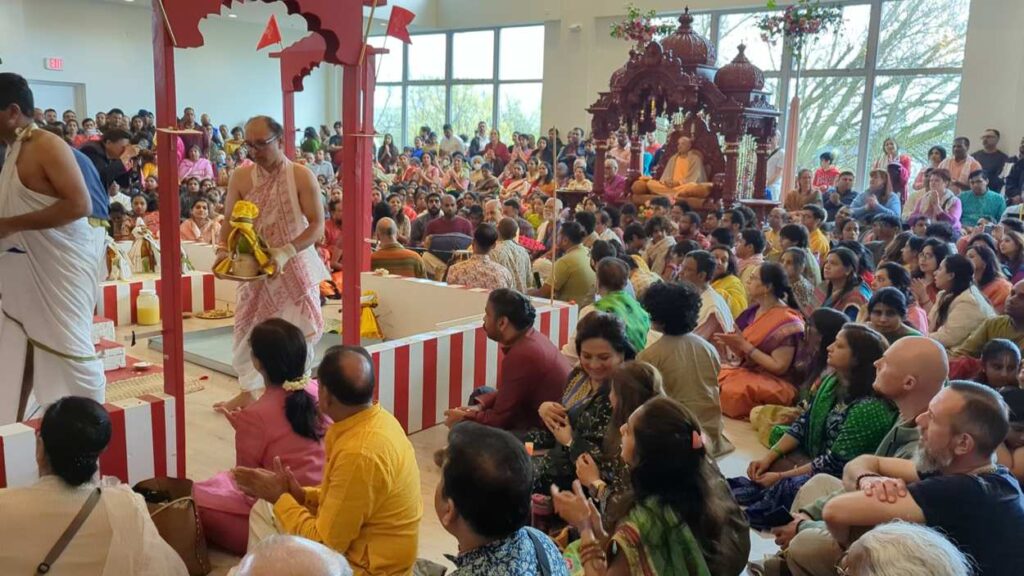 Sri Sri Radha Shyamasundar being installed in the altar of the new temple, 21 April 2023