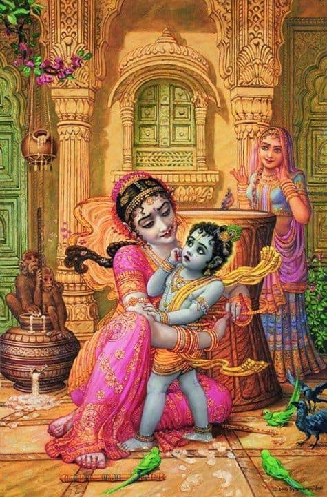 Mother Yashoda binding child Krishna to the wooden grinding mortar