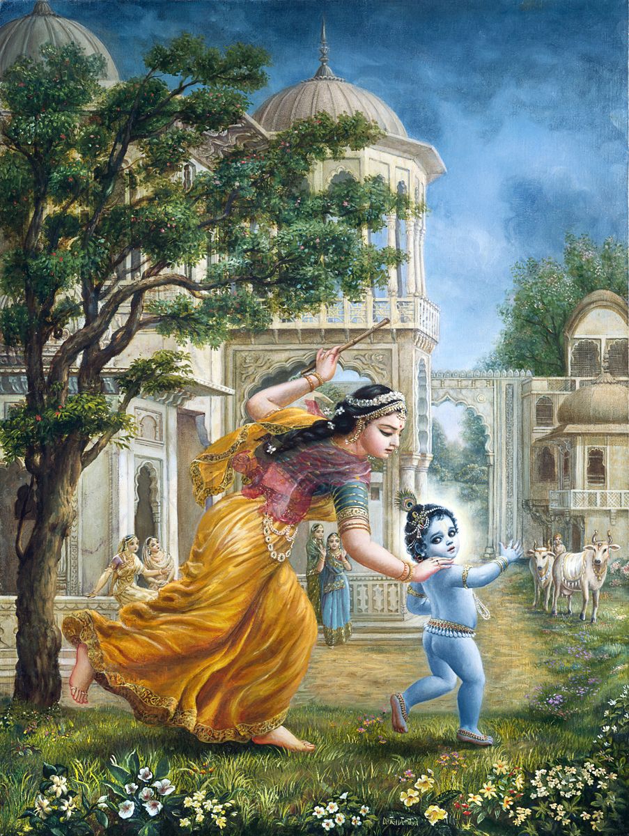 Mother Yashoda running after child Krishna with a stick in her hand