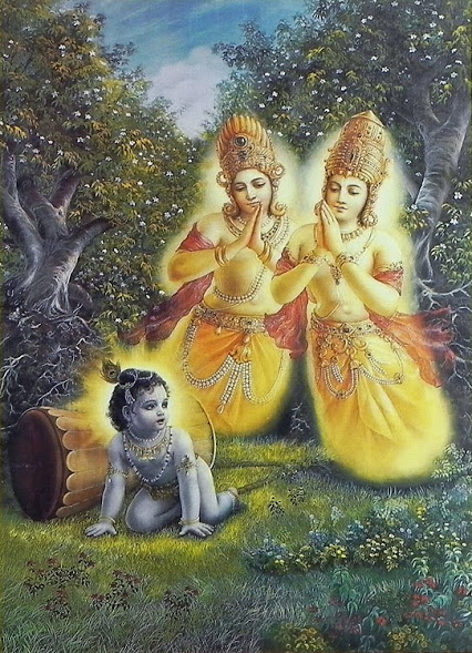 Child Krishna, tied to the mortar, with the two sons of Kuvera offering prayers