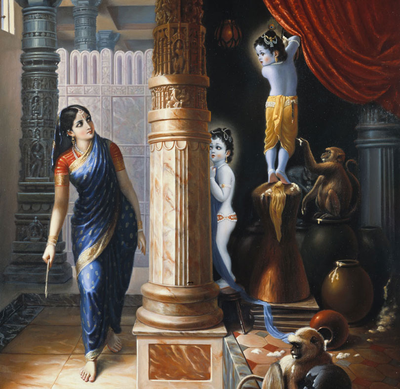 Child Krishna taking butter from the hanging pots as Mother Yashoda approaches