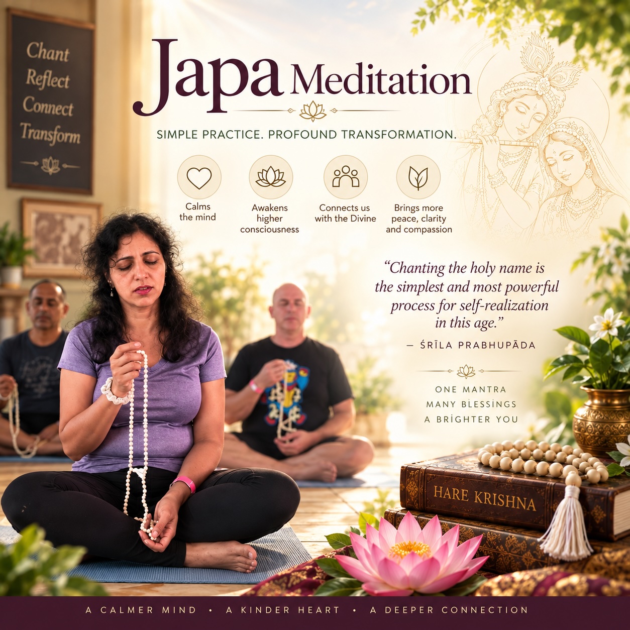 Chanting japa quietly on a strand of prayer beads