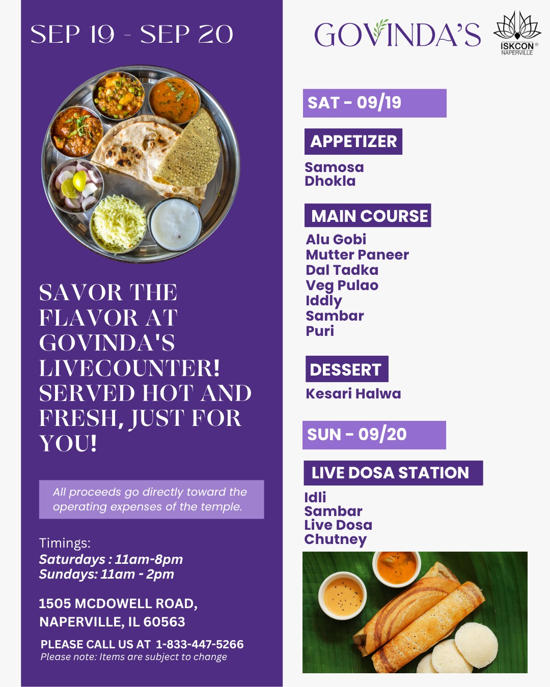 Govinda's Live Counter menu, 17 September 2026