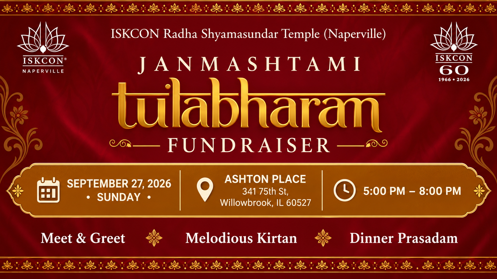 Janmashtami Tulabharam Fundraiser 2026 card